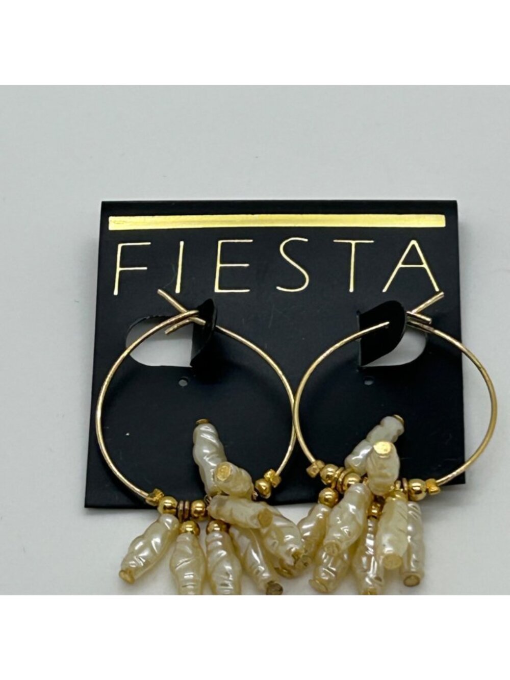 Vintage Gold Hoop Earrings With White Acrylic Stick Pearl Clusters - Picture 9 of 13